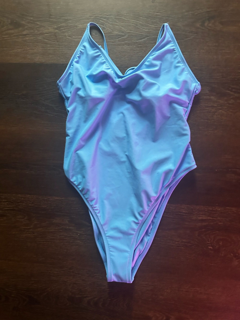 Women’s One-Piece Swimsuit in Light Blue with Purple Trim